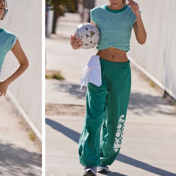 FP Movement by Free People Teal Joggers with White Floral Design - Picture 3 of 4